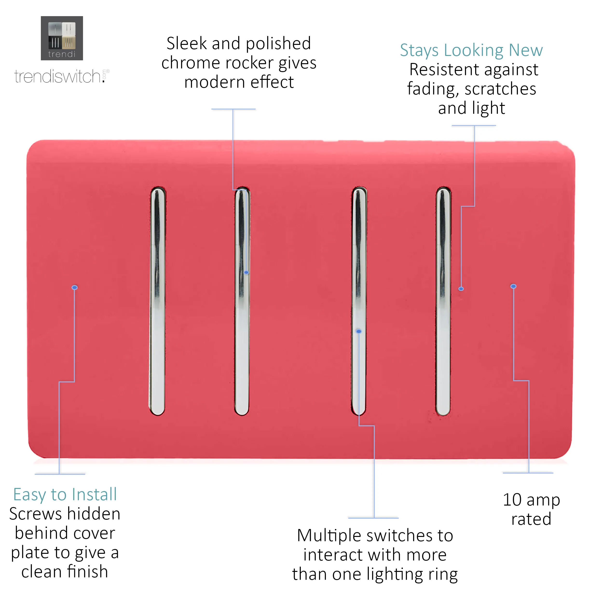 4 Gang 2 Way 10 Amp Rocker Twin Plate Strawberry ART-SS44SB  Trendi Strawberry